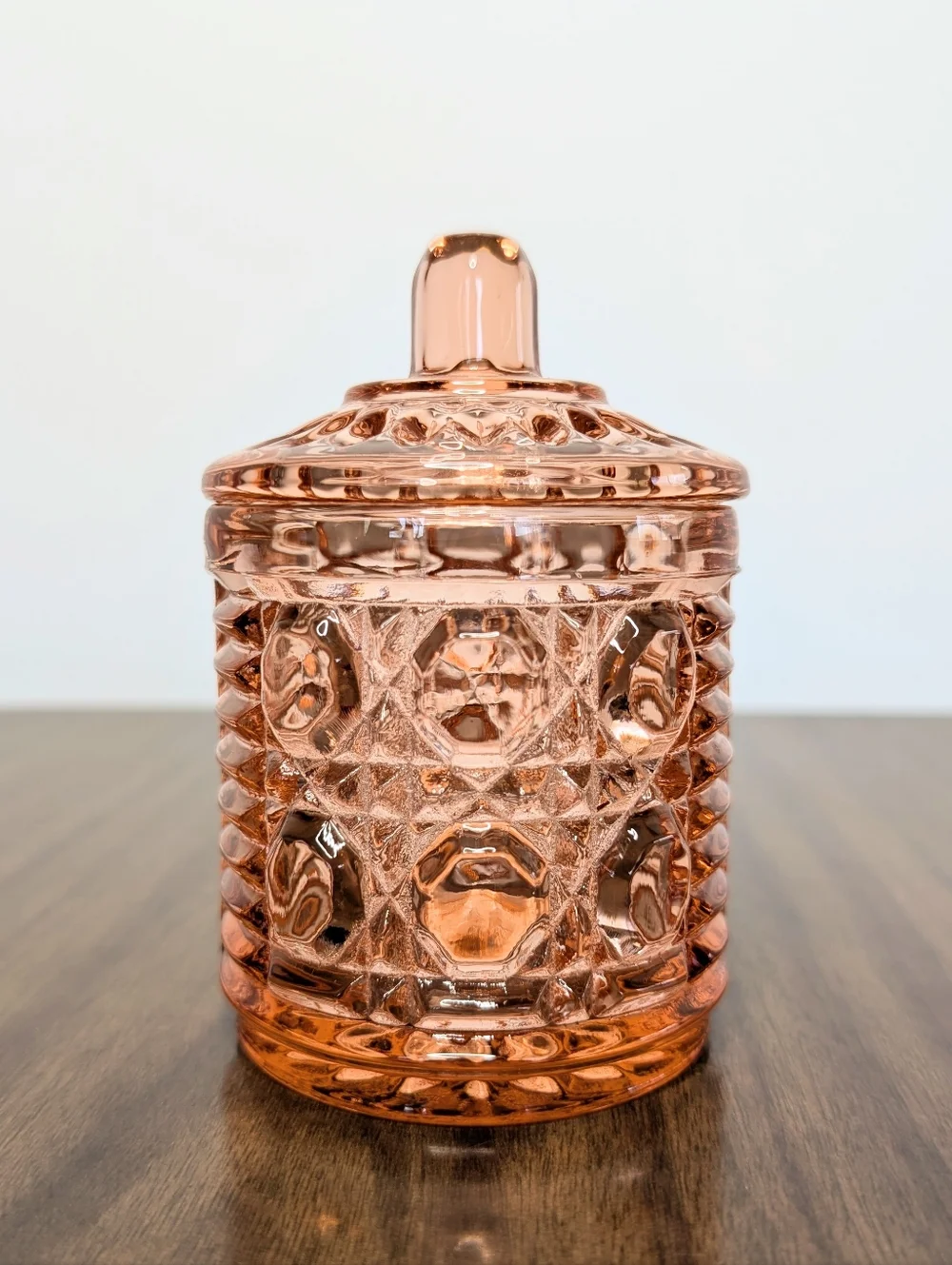 Vintage Windsor Pattern By Indiana Peachy Rose Pink Glass Honey Jam Jar With Lid